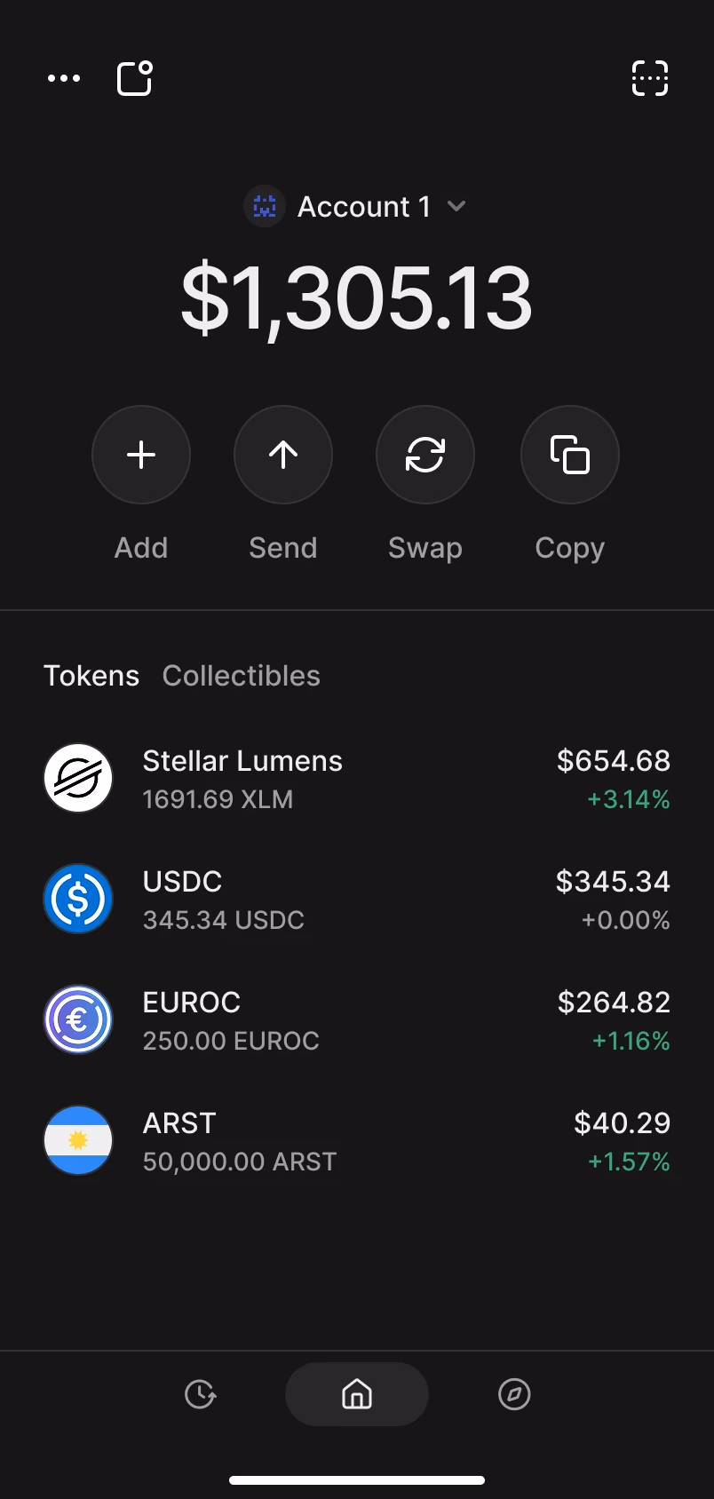 Freighter wallet interface showing Stellar asset management dashboard